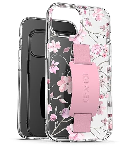 Encased Fingerschlaufen-Hülle, entworfen für iPhone 15 Pro (2023), Handschlaufe, transparente Abdeckung, Silikon-Handyhalterung, Griff (niedliche Blumen in Rosa) von Encased