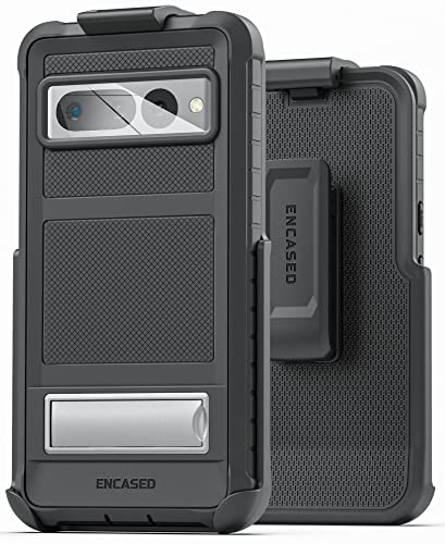 Encased Gürteltasche für Google Pixel 7 Pro mit Holsterclip und Ständer [Ultra Schutz] Ganzkörper-Hülle mit Metallständer (schwarz) von ENCASED
