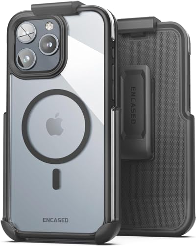 Encased MAG Hülle für iPhone 15 Pro mit Gürtelclip-Holster (Kompatibel mit MagSafe) Schwarz/Klar von ENCASED