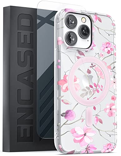Encased Magnetische Hülle für iPhone 14 Pro Max mit Displayschutzfolie – kompatibel mit MagSafe Handyzubehör (Pink Flowers) von Encased