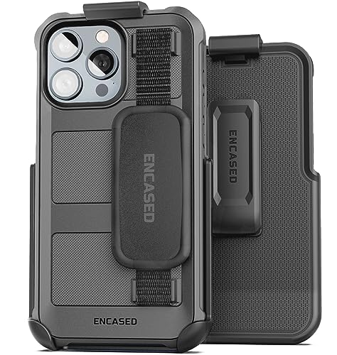 Encased Robuste Handschlaufe für iPhone 15 PRO mit Gürtelclip, Handy-Holster, stoßfest, robuster Schutz (schwarz) von Encased