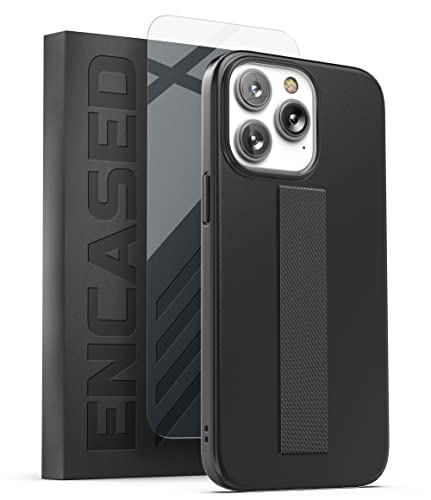 Encased Schutzhülle mit Handschlaufe, entworfen für iPhone 14 Pro Max, Hülle mit Fingerschlaufe, griffige Handyhalterung (Displayschutzfolie im Lieferumfang enthalten) – Schwarz von Encased