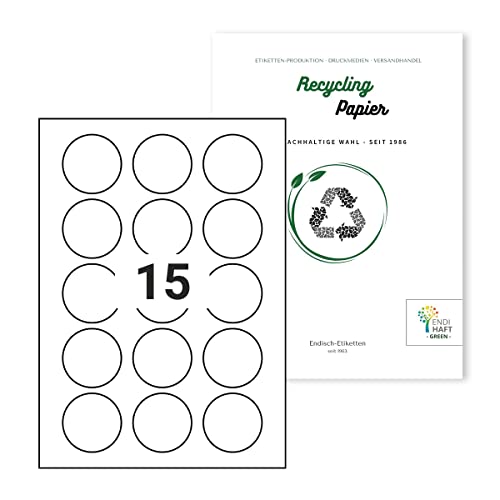 ENDI-HAFT Recycling Etiketten auf A4, 100% recyceltes Altpapier, bedruckbare Etiketten, selbstklebende Klebeetiketten 10 Blatt, nachhaltig, rund, naturweiß (50 mm rund / 15 Nutzen) von Endi Haft