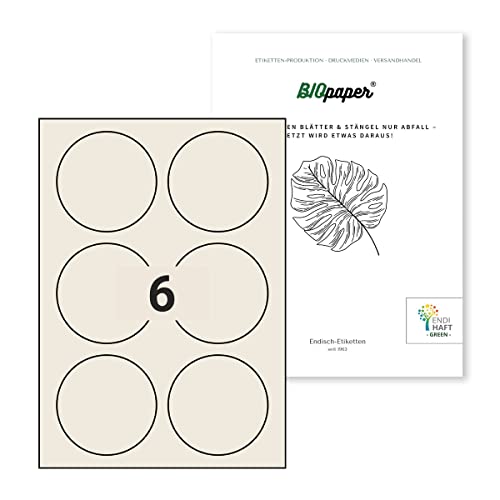 Nachhaltige Etiketten aus Bagasse Material (Rund, DIN A4) selbstklebend, bedruckbar, permanent haftende Universal Etiketten (85 mm rund, 10 Blatt) von Endi Haft