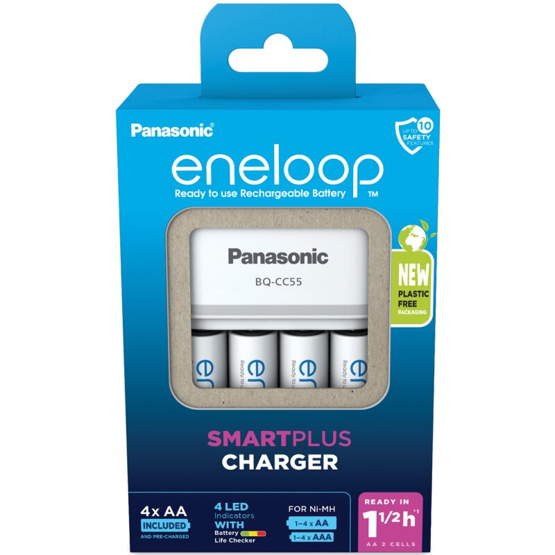 eneloop BQ-CC55 Smart & Quick Charger mit Überladeschutz inkl. 4x AA Akkus von Eneloop