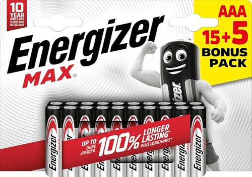 Energizer - Max, Packung mit 15+5 AAA-Batterien, Lange Lebensdauer für den täglichen Gebrauch, ohne Sulfatierung und mit Einer Lebensdauer von 10 Jahren. von Energizer Max