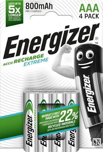 Energizer - Wiederaufladbar, Packung mit 4 AAA-Batterien, 800 mAh, vorgeladen, für Geräte mit häufigem Gebrauch und Hunderte von Aufladungen, ohne Sulfatierung. von Energizer Max