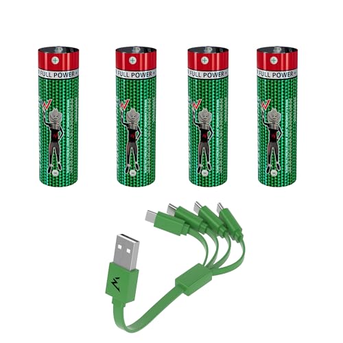 Wonder Full Energy – AA-Batterien / LR06 – wiederaufladbar über USB-C – USB-C-Kabel enthalten – Lange Lebensdauer – 1,5 V, 2200 mWh, 1300 mAh – 4 Batterien von W