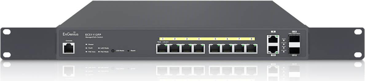 EnGenius ECS1112FP. Switch-Typ: Managed, Switch-Ebene: L2+. Basic Switching RJ-45 Ethernet Ports-Typ: Gigabit Ethernet (10/100/1000), Anzahl der basisschaltenden RJ-45 Ethernet Ports: 10, Anzahl installierte SFP Module: 2. Vollduplex. MAC-Adressentabelle: 8000 Eintragungen. Netzstandard: IEEE 802.3,IEEE 802.3ab,IEEE 802.3u,IEEE 802.3x. Power over Ethernet (PoE). Rack-Einbau (1402A0150304) von Engenius