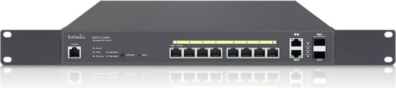 EnGenius ECS1112FP. Switch-Typ: Managed, Switch-Ebene: L2+. Basic Switching RJ-45 Ethernet Ports-Typ: Gigabit Ethernet (10/100/1000), Anzahl der basisschaltenden RJ-45 Ethernet Ports: 10, Anzahl installierte SFP Module: 2. Vollduplex. MAC-Adressentabelle: 8000 Eintragungen. Netzstandard: IEEE 802.3,IEEE 802.3ab,IEEE 802.3u,IEEE 802.3x. Power over Ethernet (PoE). Rack-Einbau (1402A0150304) von Engenius