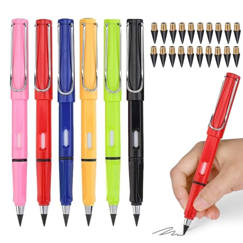 EnixwH Ewiger Bleistift, 6 Stück Tintenlose Bleistifte Ewig mit 20 Wechselkopfm, Unendlicher Bleistift, Tintenlose Bleistifte Ohne Anspitzen, Magic Pencil, Klares und Flüssiges Schreiben, Mehrfarbig von EnixwH