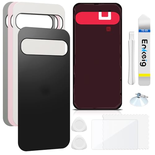 Enkeig Backcover Ersatzkit Akkudeckel für Google Pixel 9 Pro XL rückseite beinhaltet Rückglas Reparatur Rückabdeckung Rückglasplatte Werkzeuge (Schwarz) von Enkeig