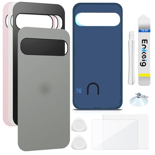 Enkeig Backcover Ersatzkit Akkudeckel für Google Pixel 9 Pro rückseite beinhaltet Rückglas Reparatur Rückabdeckung Rückglasplatte Werkzeuge (Grau) von Enkeig