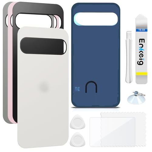 Enkeig Backcover Ersatzkit Akkudeckel für Google Pixel 9 Pro rückseite beinhaltet Rückglas Reparatur Rückabdeckung Rückglasplatte Werkzeuge (Weiß) von Enkeig