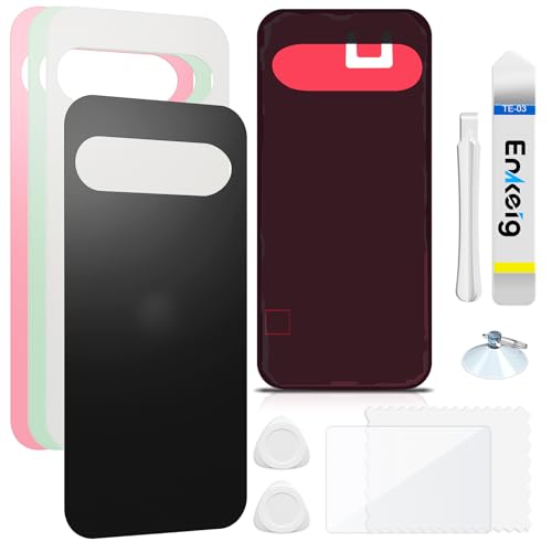 Enkeig Backcover Ersatzkit Akkudeckel für Google Pixel 9 rückseite beinhaltet Rückglas Reparatur Rückabdeckung Rückglasplatte Werkzeuge (Schwarz) von Enkeig