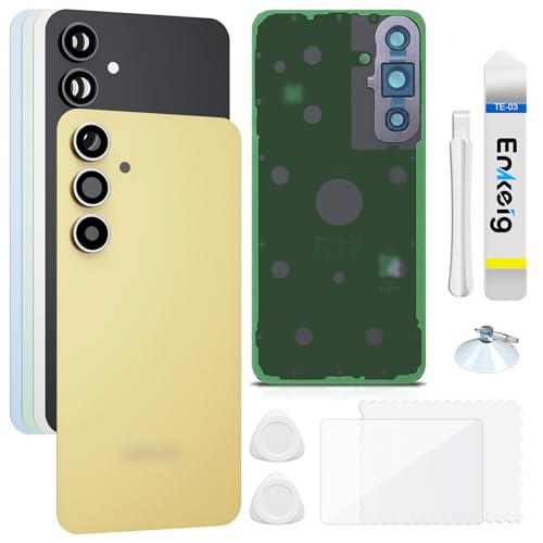 Enkeig Backcover Ersatzkit Akkudeckel für Samsung Galaxy S24 FE rückseite beinhaltet Rückglas Reparatur Rückabdeckung Rückglasplatte Werkzeuge (Gelb) von Enkeig