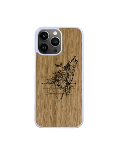 Enowood Schutzhülle aus Holz für iPhone, handgefertigt, Weiß – Wolf mit Gravur – iPhone X/XS – Eiche von Enowood