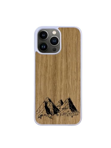 Enowood Schutzhülle aus Holz für iPhone SE2022, Weiß – Motiv: Berge mit Gravur – Eiche von Enowood