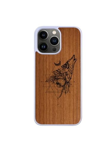 Enowood Schutzhülle aus Holz für iPhone SE2022, handgefertigt, Weiß – Wolf mit Gravur – Makore von Enowood