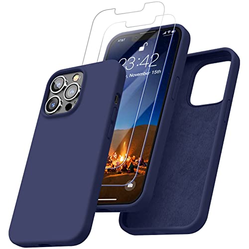 Enskko Kompatibel mit iPhone 13 Pro Max Hülle mit 2 Schutzfolie, [5 in 1] Silikon Handyhülle für 13 Pro Max 6,7, Kameraschutz und Bildschirmschutz, Kratzfestes Weiches Mikrofaserfutter, Navy Blau von Enskko