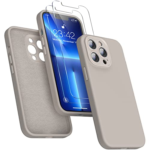Enskko Silikon Hülle Kompatibel mit iPhone 13 Pro Max Case mit 2 Schutzfolie, Kameraschutz und Bildschirmschutz Schutzhülle, Kratzfestes Stoßfest Handyhülle für iPhone 13 Pro Max 6,7'', Aschgrau von Enskko