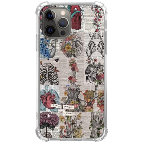 Ästhetische Biologie Zeitung Schädel Skelton Hülle kompatibel mit iPhone 12 Pro Max, Anatomie Collage Artsy Hülle für iPhone 12 Pro Max für Jugendliche Männer und Frauen, Cool Cute TPU Bumper Phone von Enughselso