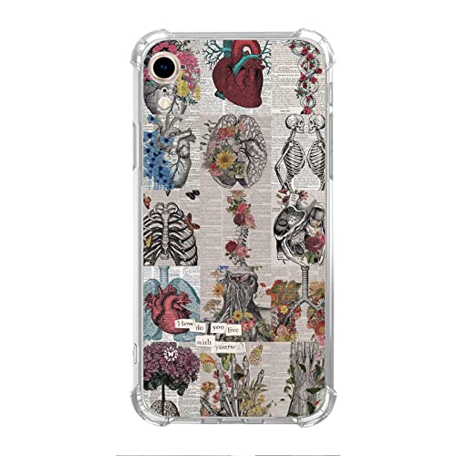 Ästhetische Biologie Zeitung Schädel Skelton Hülle kompatibel mit iPhone XR, Anatomie Collage Artsy Hülle für iPhone XR für Jugendliche Männer und Frauen, Cool Cute TPU Bumper Phone Case Cover von Enughselso