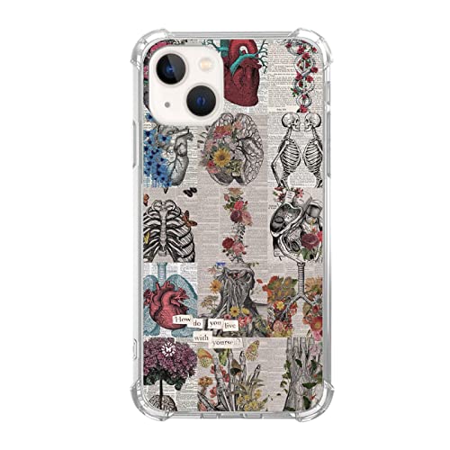 Enughselso Ästhetische Biologie Zeitung Totenkopf Skelton Hülle Kompatibel mit iPhone 13, Anatomie Collage Artsy Hülle für iPhone 13 für Teens Männer und Frauen, Cool Cute TPU Bumper Handyhülle Cover von Enughselso