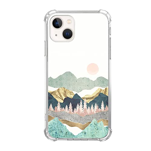 Enughselso Bunte Berg Rosa Wald Sonne Hülle Kompatibel mit iPhone 14, Ästhetische Pastelllandschaft Natur Abstrakte Kunst Hülle für iPhone 14, Coole Niedliche TPU Bumper Handyhülle Cover von Enughselso