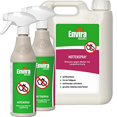 Envira Motten-Spray, 2x 500 ml + 2 Liter - Mittel gegen Motten, Kleidermotten, Lebensmittelmotten mit Langzeitwirkung - Spray auf Wasserbasis, geruchlos von Envira