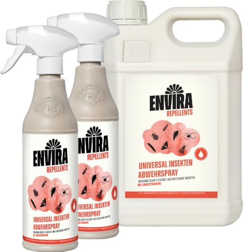 Envira Universal Insekten Abwehrspray 2 x 500 ml + 5 Liter - Spray mit Langzeitwirkung gegen Trauermücken, Silberfische, Lebensmittelmotten & weiteres Ungeziefer - Mittel gegen Insekten von Envira