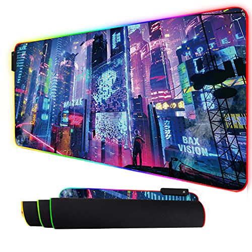 Envysun RGB-Mauspad, LED-Licht, Gaming-Mauspad mit Gummiunterseite, bunt, Computerteppich, Schreibtischunterlage für PC / Laptop (31,5 - 30 cm) (80 x 30 rgCitynight) von Envysun