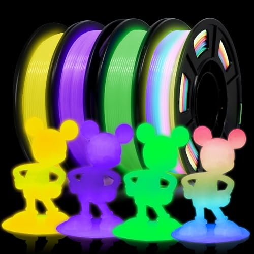 EONO 250g*4 Leuchtendes PLA Filament 1,75 mm Set, 3D Drucker Leuchtendes Filament Set für 3D Drucker, Glow in the Dark Filament, 250g*4 Set, Gelb+Lila+Grün+Weiß bis Regenbogen von Eono