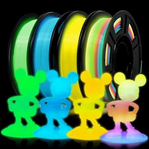 EONO 250g*4 Leuchtendes PLA Filament 1,75 mm Set, 3D Drucker Leuchtendes Filament Set für 3D Drucker, Glow in the Dark Filament, 250g*4 Set, Grün+Blau+Gelb+Regenbogen von Eono
