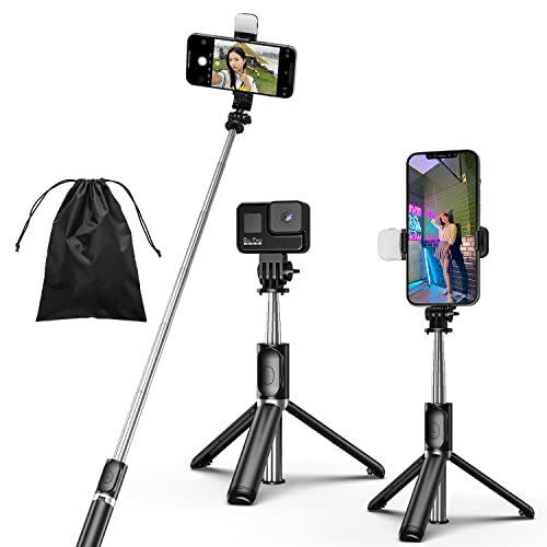Eono Selfie Stick Stativ mit Licht, 4 in 1 Erweiterbar Selfie Stange mit Kabelloser Fernbedienung, Tragbar Monopod Handyhalter Kompatibel für Gopro, iPhone, Smartphones von Eono