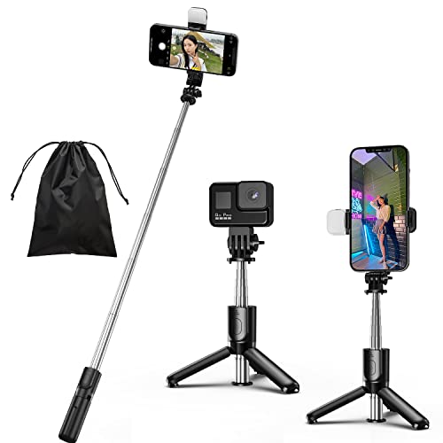 Eono Selfie Stick Stativ mit Licht, 4 in 1 Mini Erweiterbar Selfie Stange mit Kabelloser Fernbedienung, Tragbar Monopod Handyhalter Kompatibel für Gopro, iPhone, Smartphones von Eono