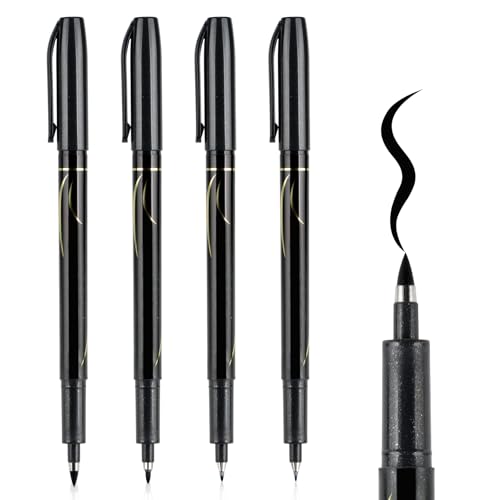 EooUooIP Hand Schriften Stifte, Nachfüllbare Pinsel Marker Stifte Set Schwarz - 4 Größe Weicher Kopf Kalligraphie Stift Satz für Künstler und Anfänger, Packung mit 6 von EooUooIP