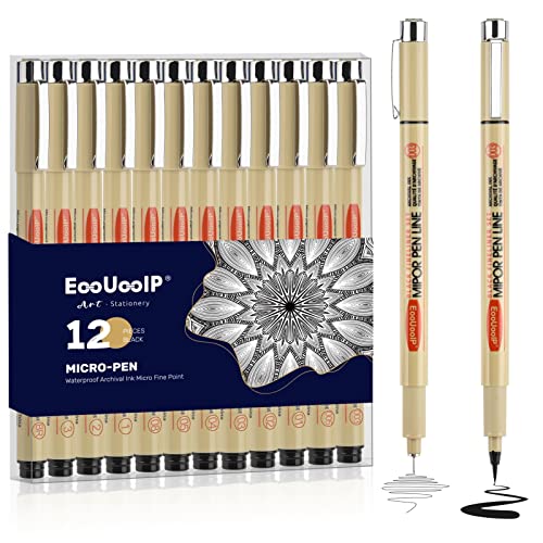 EooUooIP Schwarz Fineliner Stifte Set,12 Stück Micron Fineliner,Tintenstift,Schwarzer Filzstiften,Pigment Liner Set,Wasserfest,Stifte für Künstler, Illustration, Skizzen, Technisches Zeichnen von EooUooIP