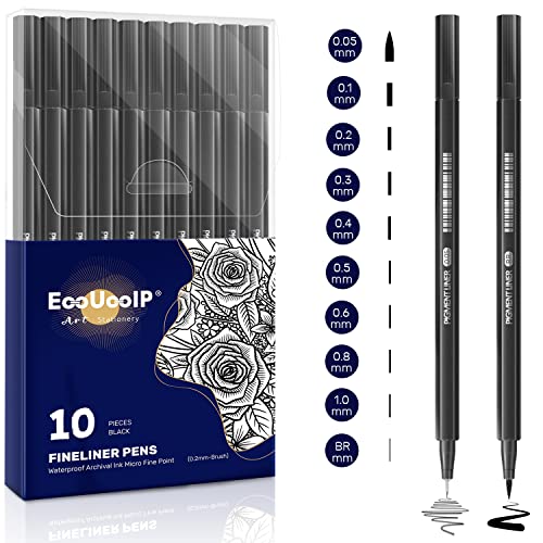 Fineliner Stifte Set, EooUooIP® 10 Stück Fineliner Schwarz Handlettering Stifte Kalligraphie Stifte, Pigment Liner Set (0.05mm-0.8mm und 1 Filzstiften) für Zeichnen und Schreiben von Skizzen, Comics von EooUooIP