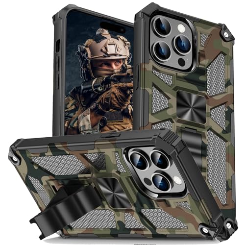 Ephoou Camouflage-Handyhülle für Apple iPhone 15 Pro Max mit magnetischem Ständer, Militärqualität, strapazierfähig, stoßfest, Camouflage-Schutzhülle für iPhone 15 Pro Max MC-Armeegrün von Ephoou