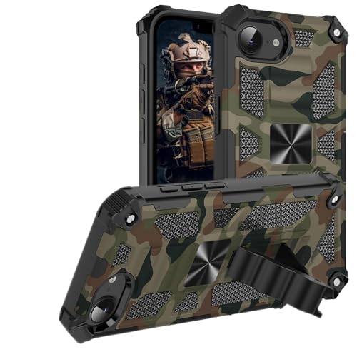 Ephoou Camouflage-Schutzhülle für Apple iPhone 16e, 15,5 cm (6,1 Zoll), mit magnetischem Ständer, Militärqualität, strapazierfähig, stoßfest, Schutzhülle für iPhone 16e, Camouflage, Armeegrün von Ephoou