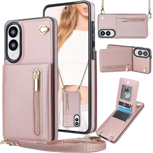 Ephoou Crossbody-Schutzhülle für Samsung Galaxy S25 Edge (nicht S25) mit Kartenhalter, abnehmbarem Schultergurt, Geldbörsenabdeckung für Samsung S25 Edge, Reißverschluss, Roségold von Ephoou