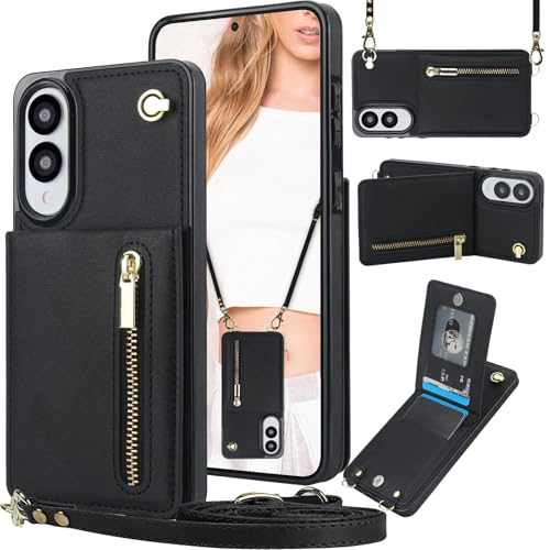 Ephoou Crossbody-Schutzhülle für Samsung Galaxy S25 Edge (nicht S25) mit Kartenhalter, abnehmbarem Schultergurt, Geldbörsenabdeckung für Samsung S25 Edge, Reißverschluss, Schwarz von Ephoou