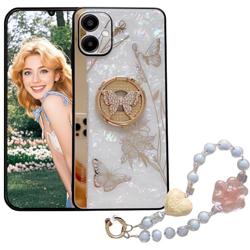 Ephoou Glitzer-Hülle für Samsung Galaxy A06 mit Kette Armband & Kickstand, Bling Schmetterling Blume Stoßfest Schutzhülle Sparkle Crystal Pearl Design für Samsung A06 DLH-Weiß von Ephoou