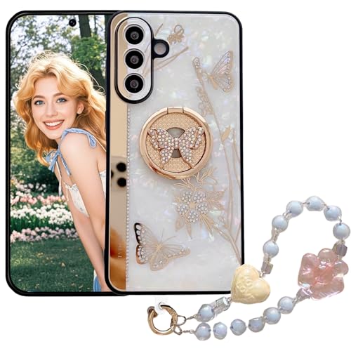 Ephoou Glitzer-Hülle für Samsung Galaxy A36 mit Kette Armband & Kickstand, Bling Schmetterling Blume Stoßfest Schutzhülle Sparkle Crystal Pearl Design für Samsung A36 DLH-Weiß von Ephoou