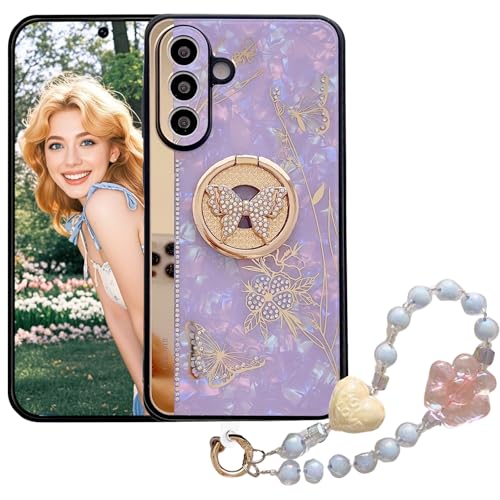 Ephoou Glitzer-Schutzhülle für Samsung Galaxy A16 mit Kette Armband & Kickstand, Bling Schmetterling Blume Stoßfest Schutzhülle Sparkle Crystal Pearl Design für Samsung A16 DLH Lila von Ephoou