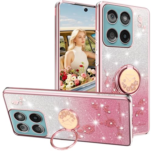 Ephoou HSF Schutzhülle für Motorola Edge 60 Fusion, mit Ringständer, glitzernde Diamanten, Blumen, Glitzer, transparent, weiches TPU-Silikon, Schutzhülle für Moto Edge 60 Fusion, Rosa von Ephoou