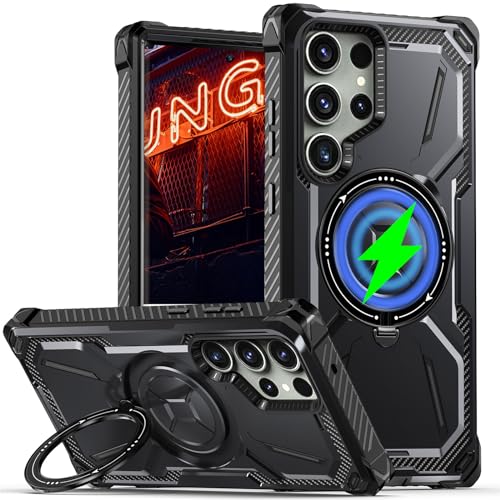 Ephoou Magnetische Schutzhülle für Samsung Galaxy S24 Ultra (nicht S24), robuste, stoßfeste Schutzhülle, Hartschale mit drehbarem Ringständer für Samsung Galaxy S24 Ultra HJJ-Schwarz von Ephoou