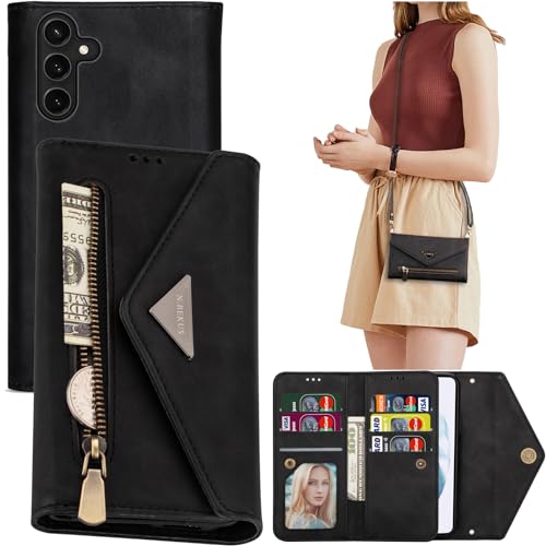 Ephoou PU Leder Flip Wallet Case für Samsung Galaxy S24+ Plus (nicht S24) mit Kartenhalter für Frauen, verstellbares Umhängeband, Crossbody, Reißverschluss, Geldbörse, Hülle für Samsung Galaxy S24 von Ephoou