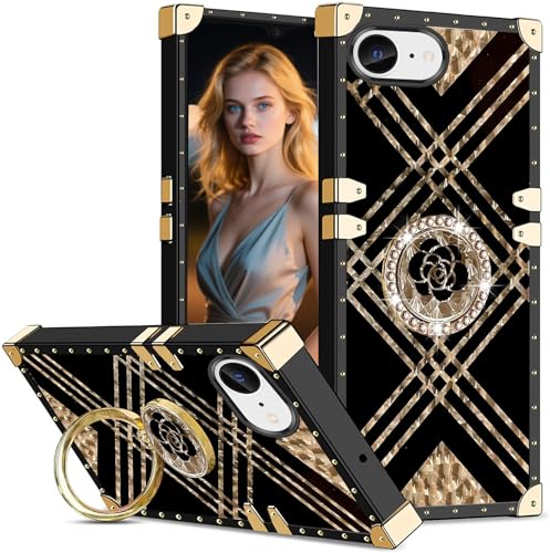 Ephoou Schutzhülle für Apple 16e/iPhone 16e, 15,5 cm (6,1 Zoll), Nieten-Design, Metall-Eck-Design, mit glitzernden Blumen, Diamantring, Ständer, für iPhone 16e, 15,5 cm (6,1 Zoll), BF-Schwarz von Ephoou